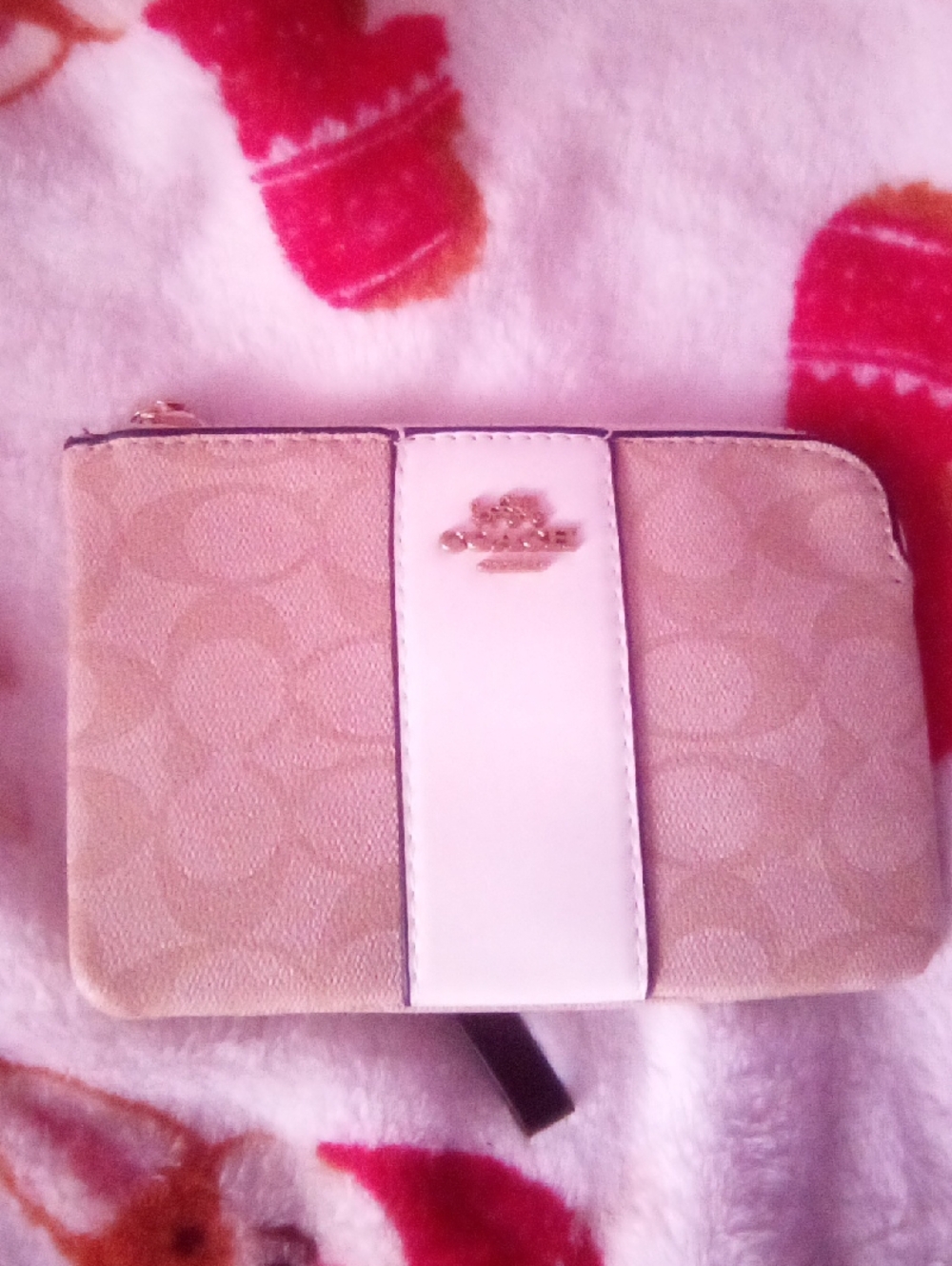 Coach Beige Signature Compact Wallet with White Center Trim